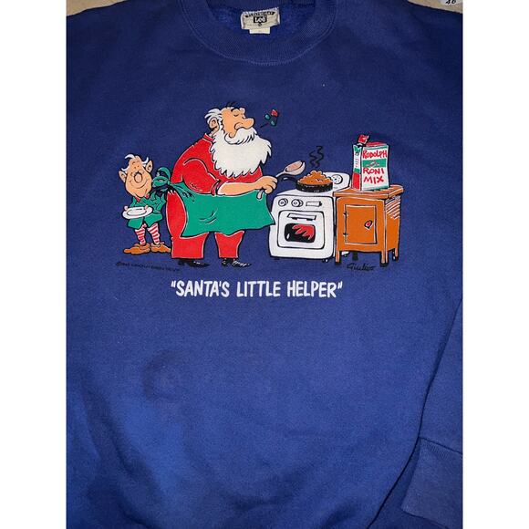 Vintage 90s Lee made in USA Santa's Helper Elf Christmas Sweatshirt blue sz 2XL - Picture 2 of 5